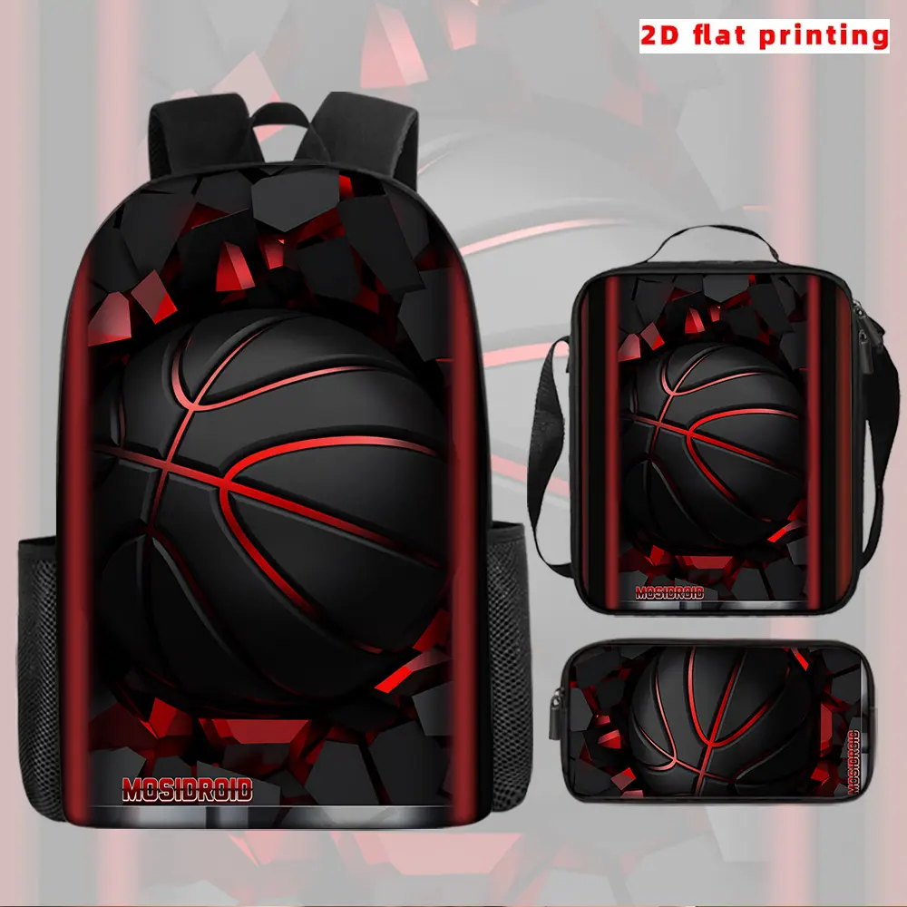 3pcs Set Pack Element Basketball-Themed Nylon Backpack - Large Capacity, Adjustable Shoulder Straps, Wrinkle-Resistant, Zipper Closure, Fun Cartoon Print for College & Commuting, Back To School Haul, Athletic, Commute Travel, Multi-Function