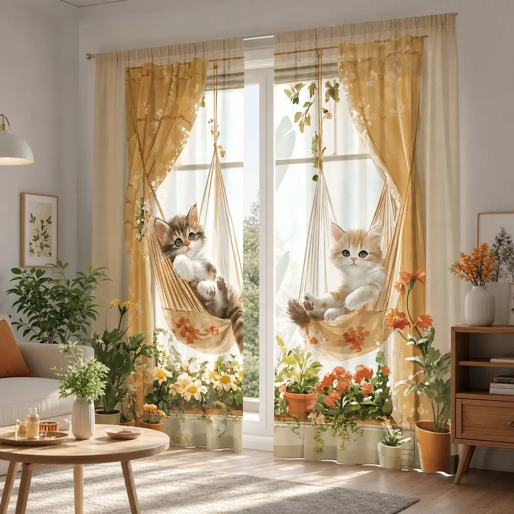 2pc Vintage Floral Bird Pattern Semi-Transparent Curtains, Pocket Rod Installation, Digital Print, Polyester, Soft Light, Home Decor