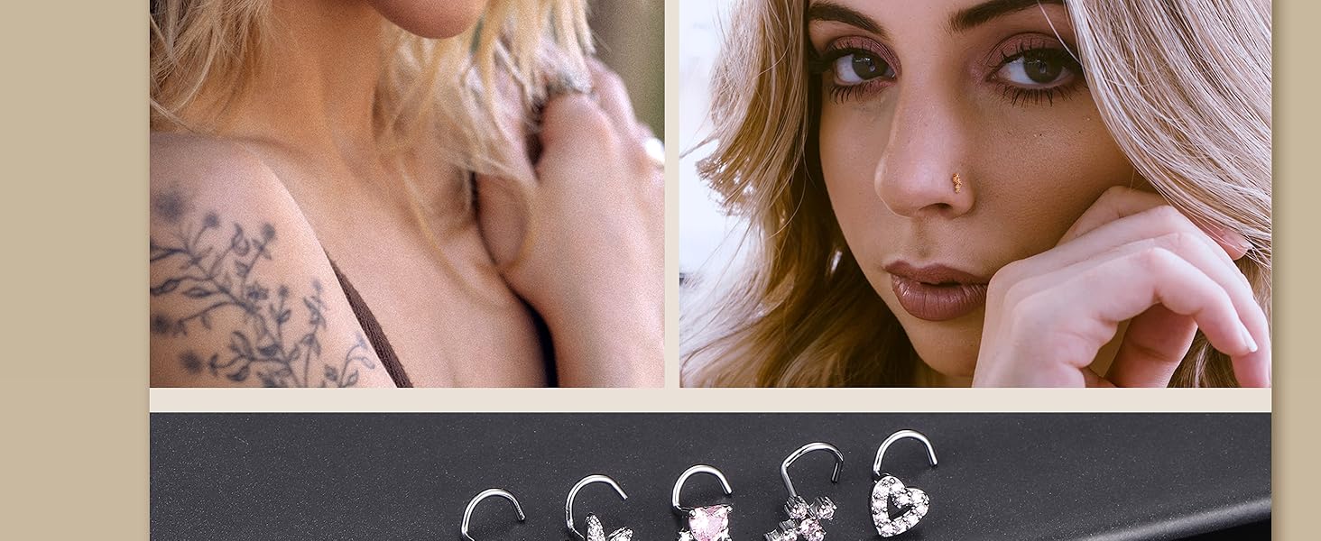 Charm Cute Summer Glow Dainty Nose Piercing Jewelry 20G L-Shaped Corkscrew Studs with Pink CZ Opal, Heart/Star/Butterfly/Moon Charms