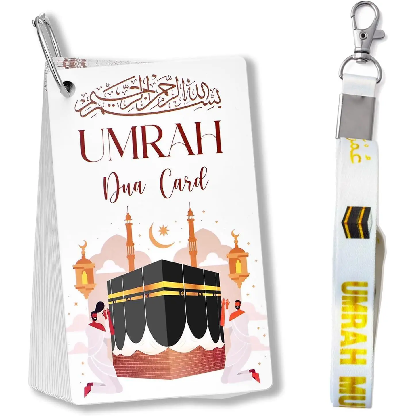 Umrah Dua Cards with Lanyard – 21 Flashcards Step-by-Step Umrah Guide with 20 Essential Duas & Transliteration – Portable Islamic Prayer Cards, Dua Reminder, Umrah Mubarak Gift Set