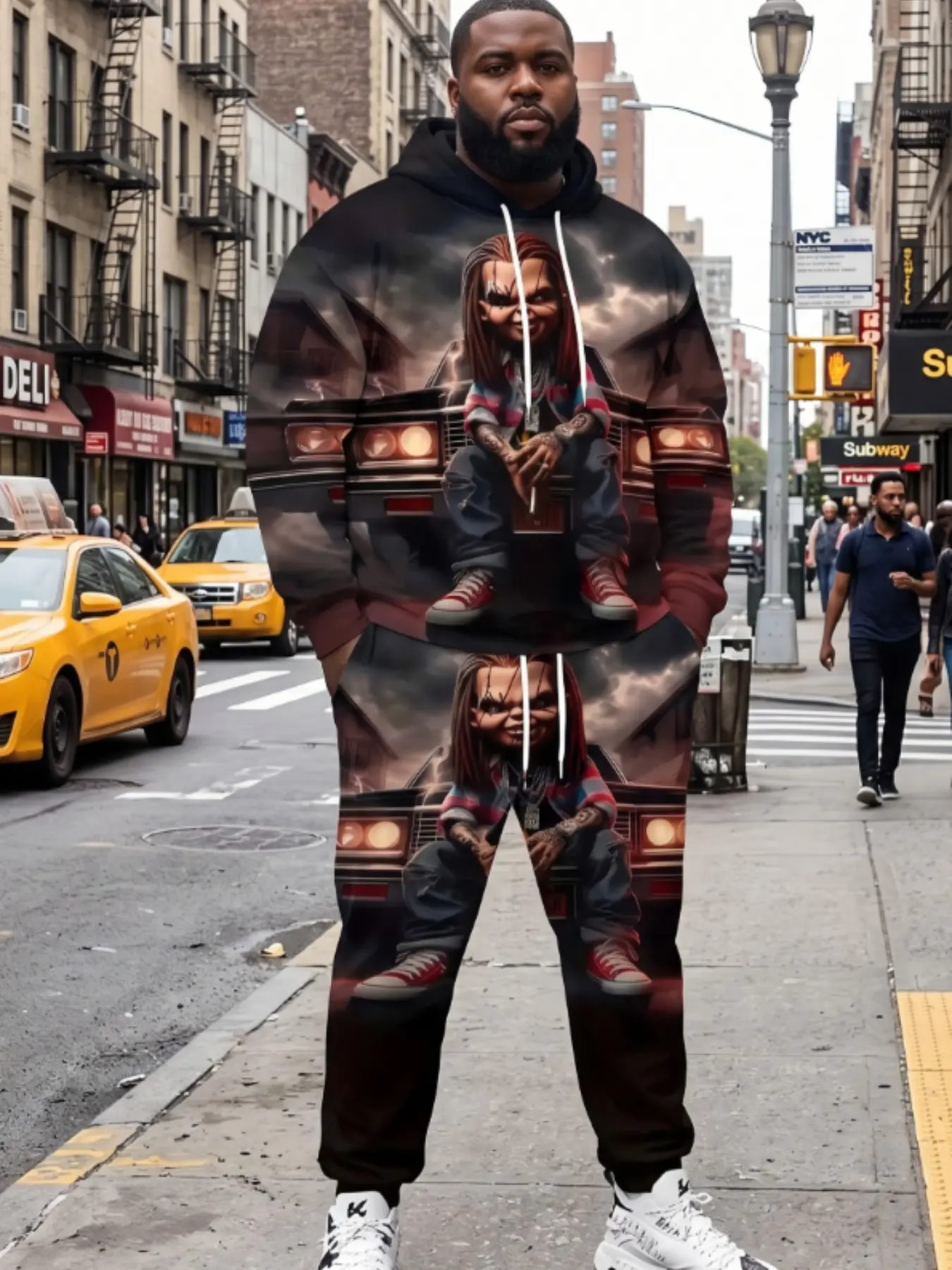 Men's Plus Size 2-Piece Set, Cholo Tattoo Doll Low Profile Car, Dark Storm Biker Full Print, Casual Long Sleeve Sweatshirt & Pants