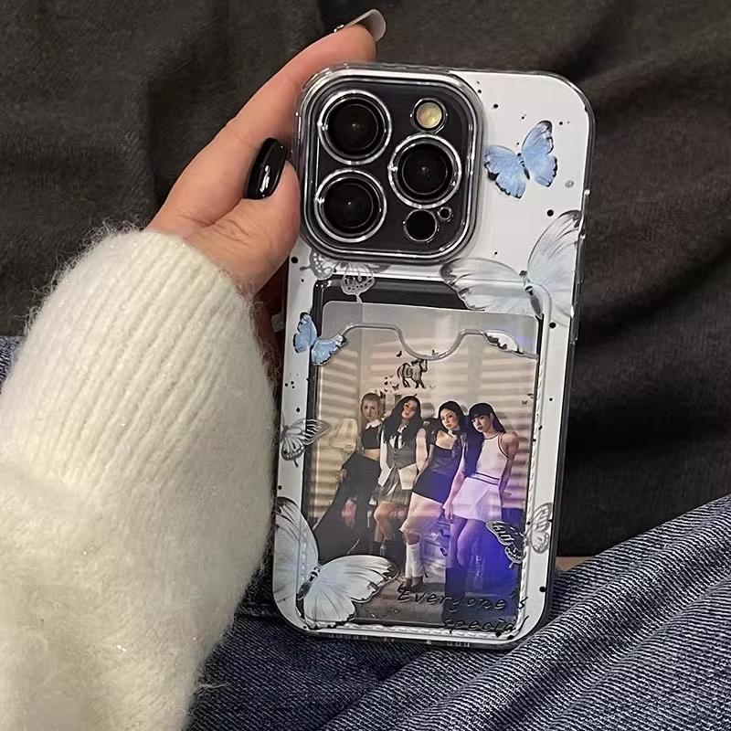This exquisite blue butterfly transparent card holder phone case is compatible with iPhone 17/16/15/14/13/12/11/PRO/PROMAX/PLUS models. It is made of TPU material and is shockproof and drop-proof.
