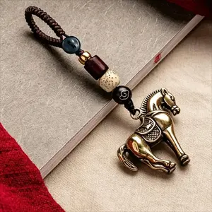 Brass Horse Keychain with Beaded Cord, Traditional Chinese Style Lucky Charm, Vintage Aesthetic Bag Accessory