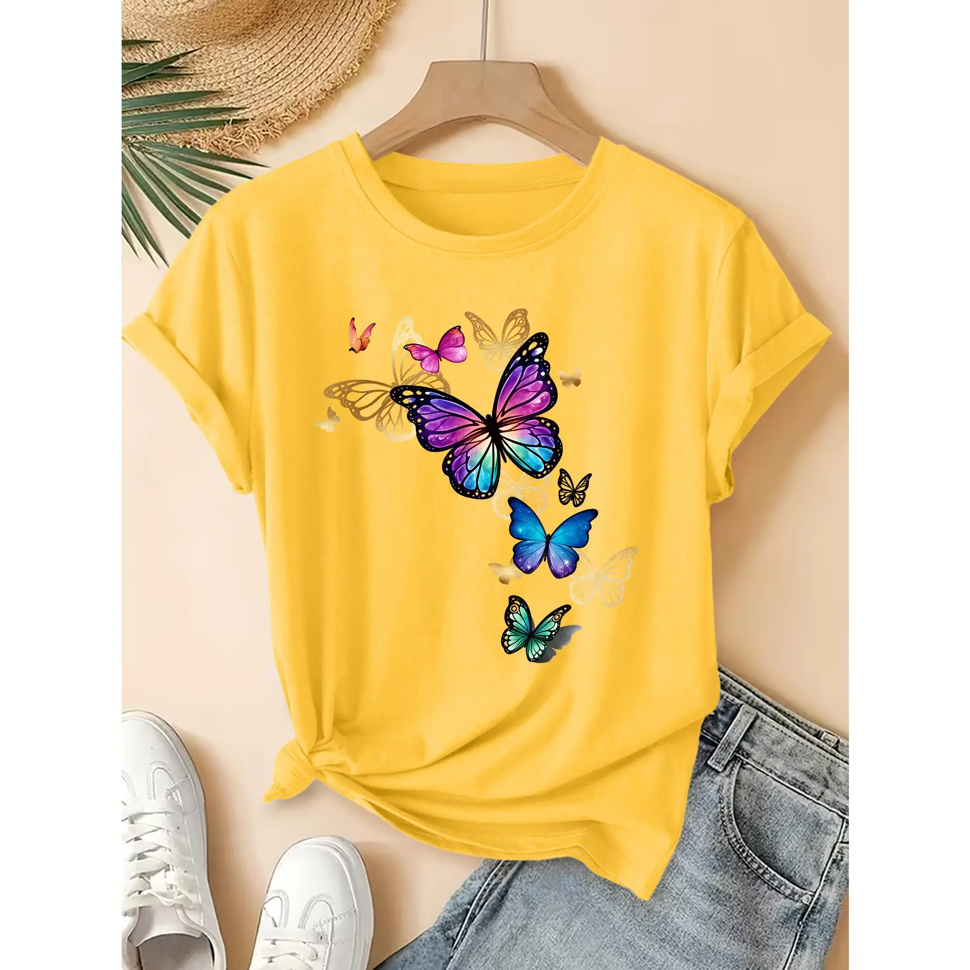 Vibrant Gradient Butterfly Print Pattern Short Sleeve Distressed Vintage Round Neck T-Shirt, Fresh Mori Style Loose Top, 2026 Spring Summer Elegant Party Fashion Casual Versatile Commute Women'S Clothing