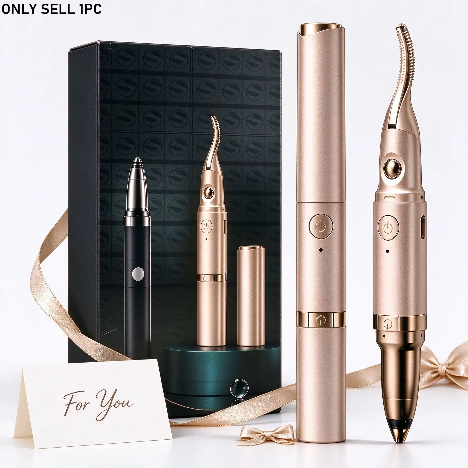 2 in 1 Heated Eyelash Curler & Eyebrow Trimmer,USB Rechargeable，2 Temperature Modes, Anti-Scald Comb Teeth Beauty Makeup Tool, Ideal Gift for Women, Gold & Black Available