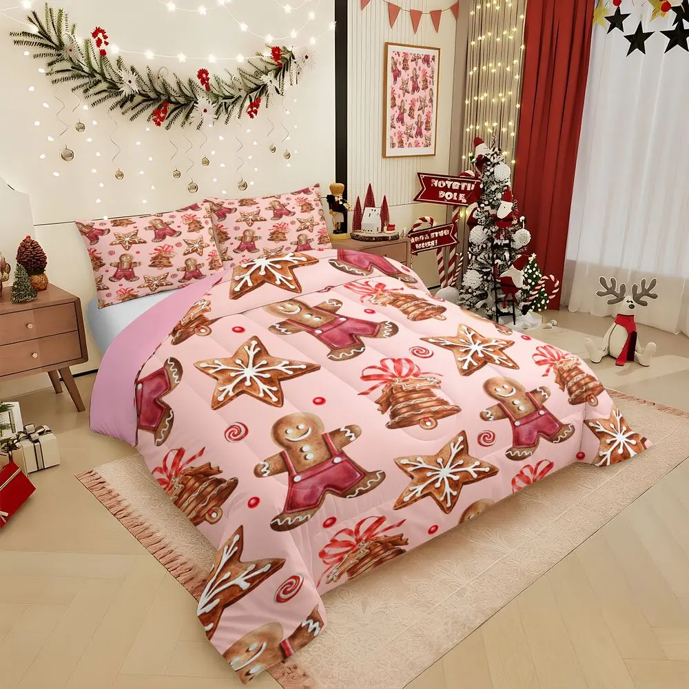2/3Pcs Christmas Gingerbread Man Comforter Set, Festive Holiday Bedding Set with Stars and Bells, Soft Reversible Quilt with Matching Pillowcase for Kids Bedroom Decor No Pillow Core