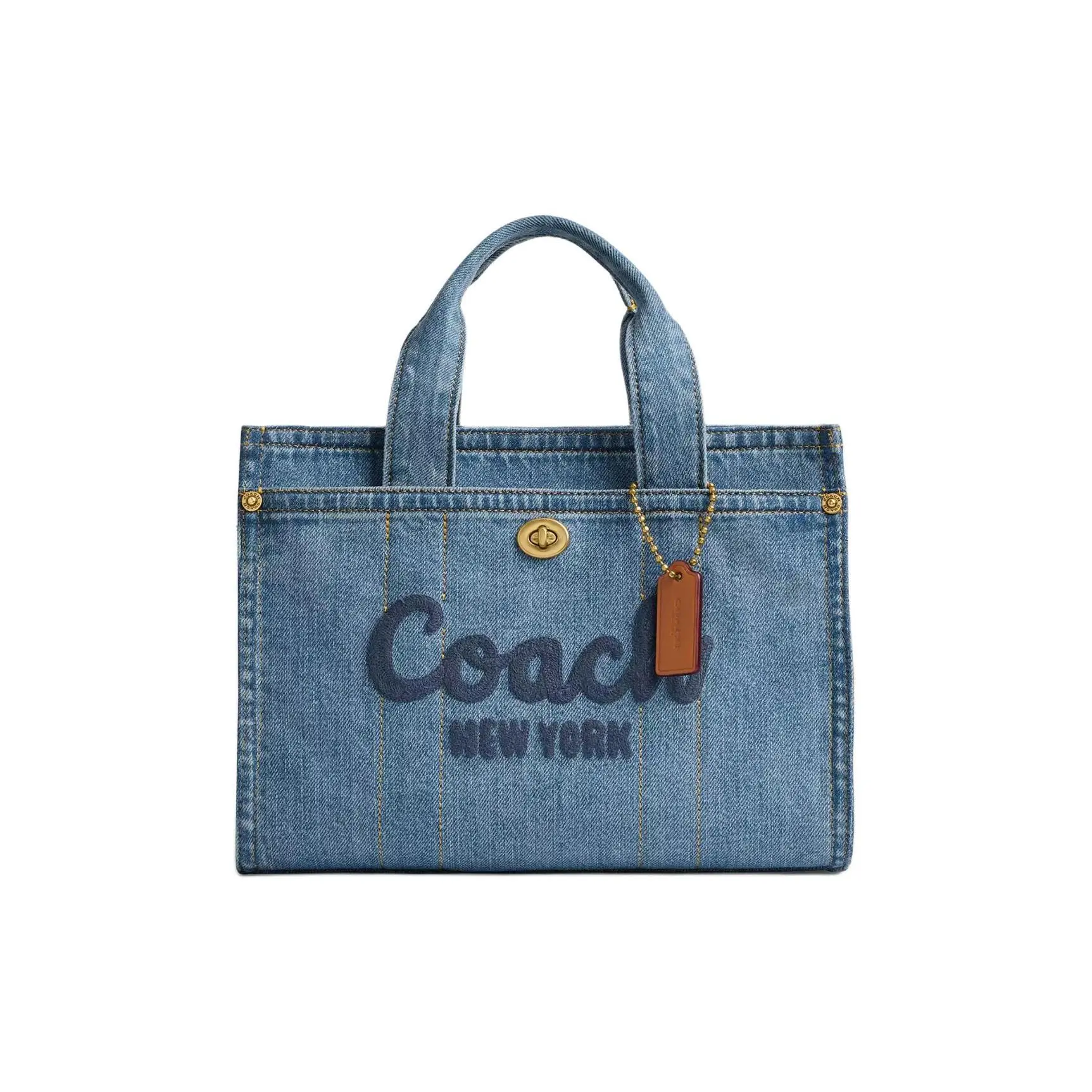 COACH Cargo 26 Embroidered Tote Bag for Women – Denim and Walnut Leather, Medium Size