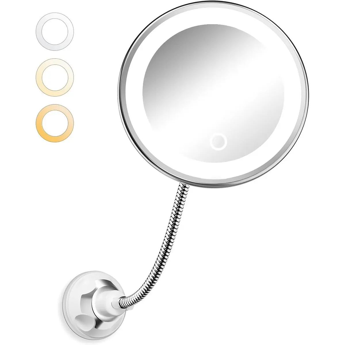 10X Magnifying Vanity Mirror with Light, Flexible Gooseneck Makeup Mirror, Battery Operated with Suction Cups & 3 Lighting Modes, for Wall Bathroom Travel, Silver, Mirror with Lights for Makeup Desk