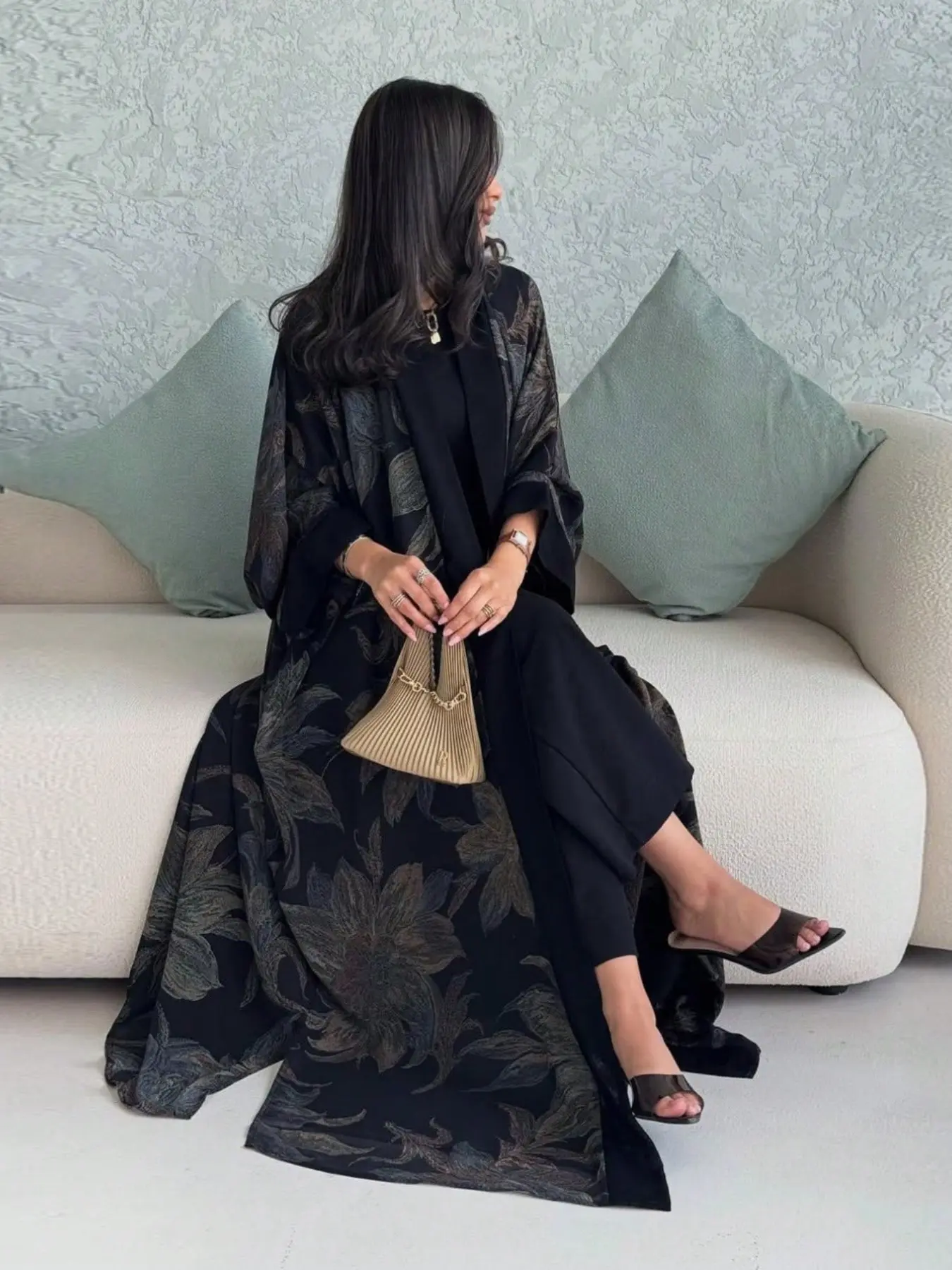 Muslim Women's Double Layer Abaya Robe, Elegant Islamic Clothing, Vintage Floral Print Long Cardigan, Luxurious Daily Modest Conservative Dress, Islamic Modesty Clothes, Modesty Wear