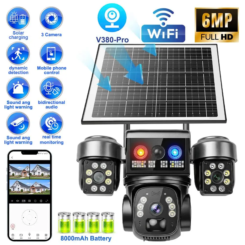 4K Solar Wireless Security Camera | Triple Lens, 355° Wide-Angle, Motion Detection, 2-Way Audio, 2.4G WiFi, Audio Alarm, Mobile Remote Access, Ideal for Home Security Home Security Cctv Surveillance Camera