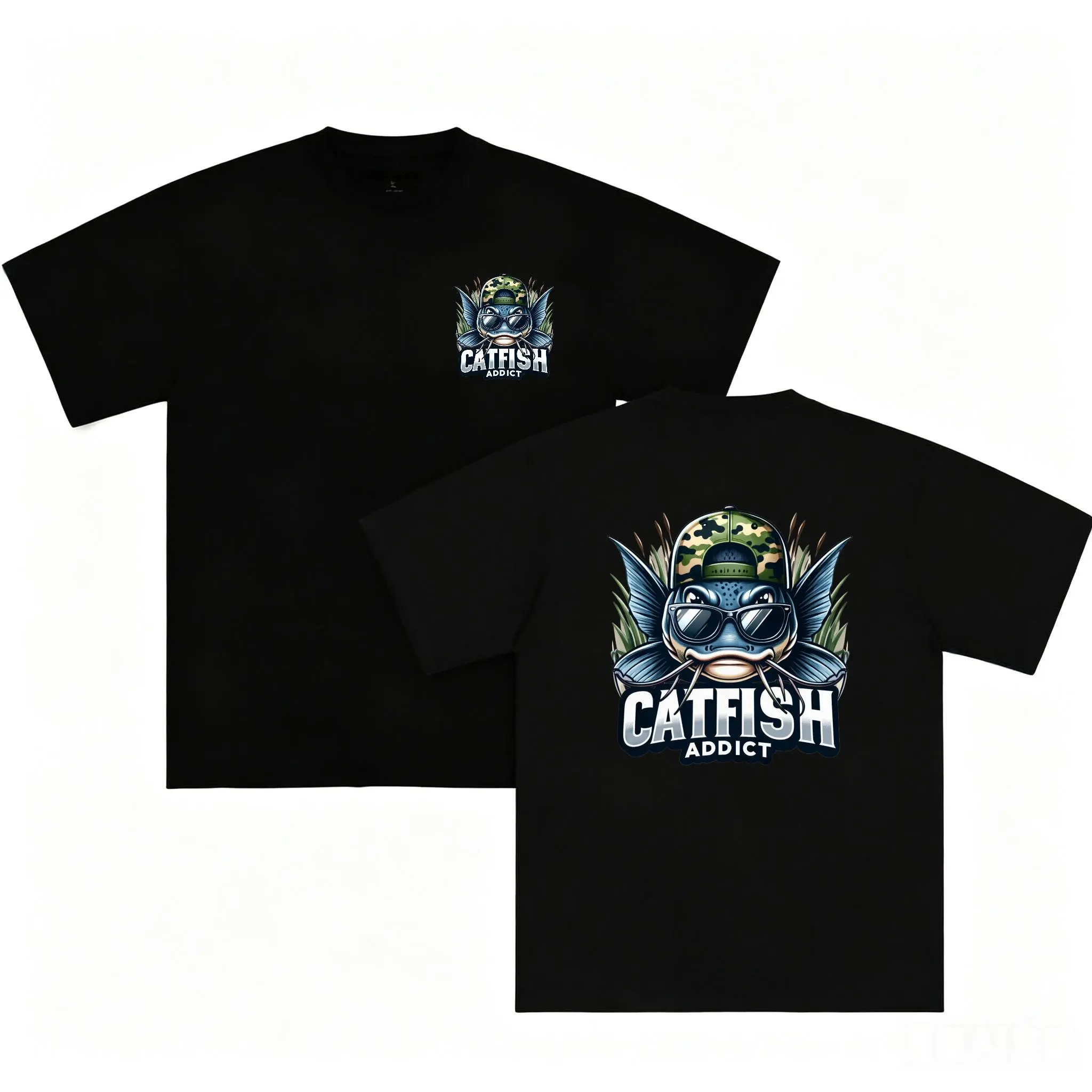 Men’s Oversized Short Sleeve T-Shirt, Catfish Addict Cool Catfish Fisherman Graphic Tee Front & Back Print Casual Fishing Lover Streetwear Shirt