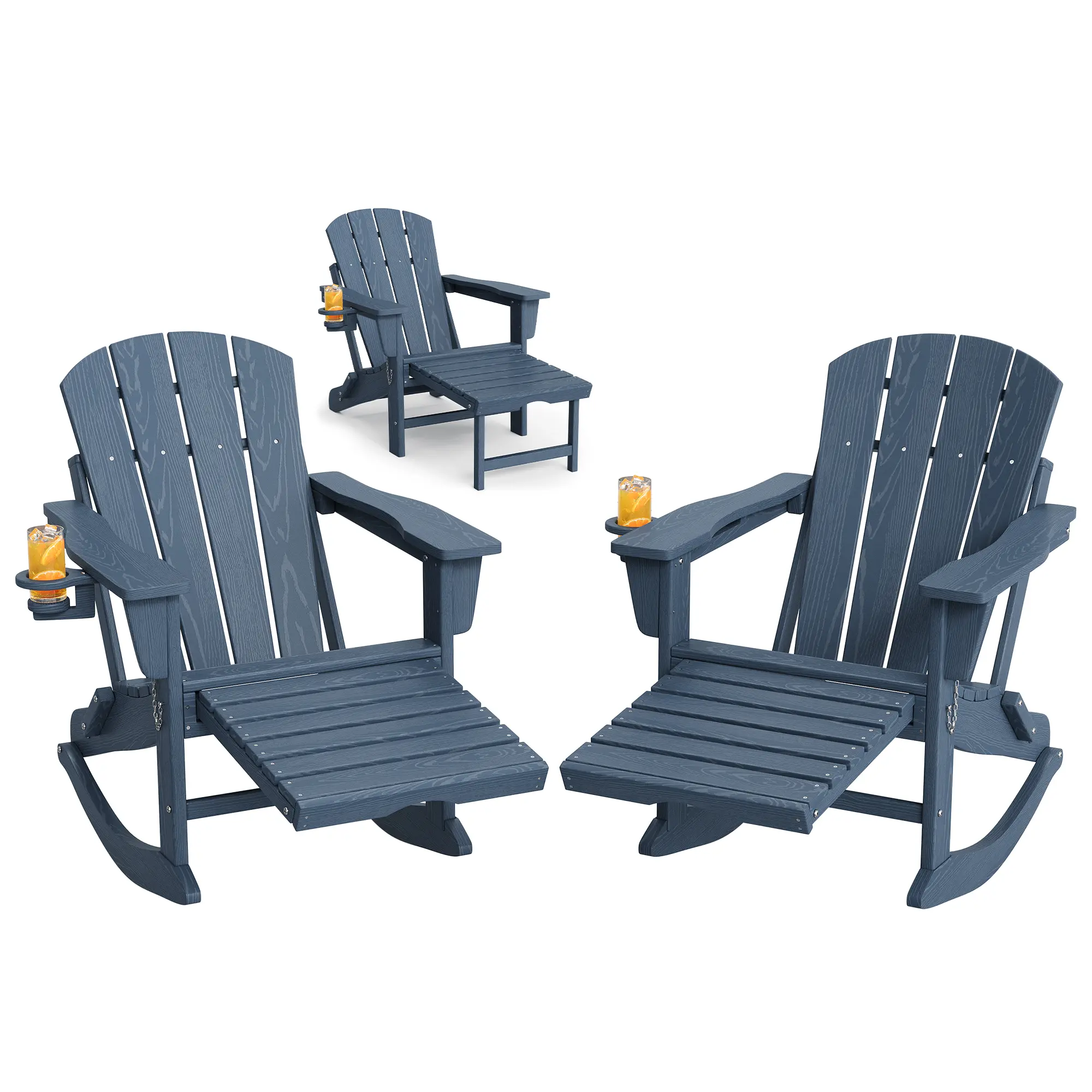 Folding Adirondack Rocking Chair with Retractable Ottoman - All-Weather HDPE Plastic Outdoor Chair, Wood-Look Finish, Cup Holder, Collapsible Adirondack Shape Rocker for Garden, Deck