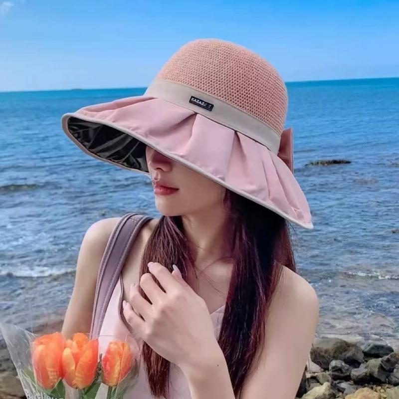 Women's UPF50+ Sun Protection Hat, Wide-Brim Foldable UV-Protective Beach Hat with Bow, Summer Travel Vacation Sun Hat