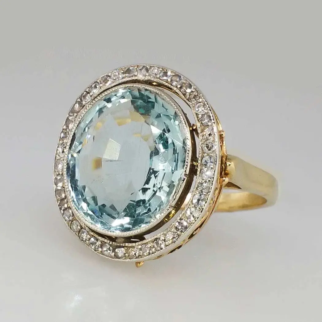 Vintage 18K Gold Plated Aquamarine Blue Crystal Ring Oval Cut Halo Engagement Rings Art Deco Royal Statement Cocktail Ring Luxury Fine Jewelry Christmas Anniversary Gifts for Women
