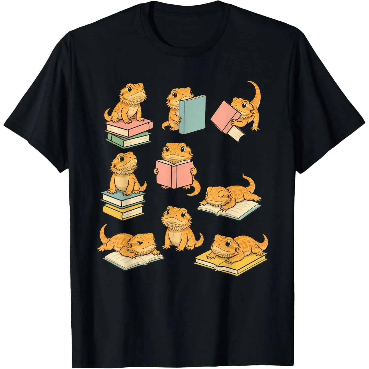 Men's Classic Round Neck Relaxed Fit Short-Sleeve Breathable Cotton T-Shirt, Funny Bearded Dragons Reading Books Design, 1-Piece Men's Top, Fabric