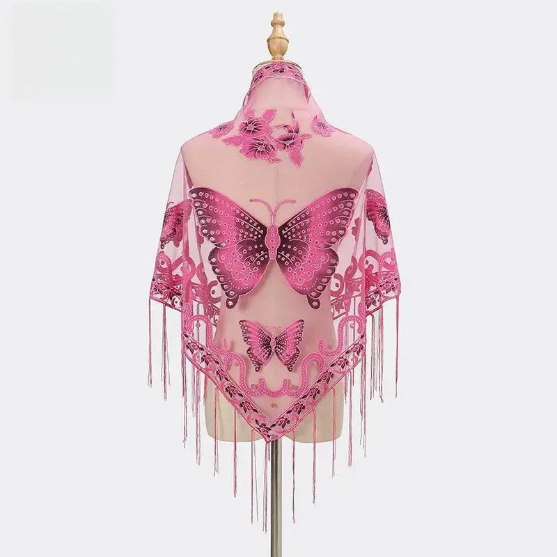 Women's Boho Shawl - Fashion Floral & Butterfly Print Charms & Twillies, Breathable Scarf, Sheer Mesh Triangle Scarf with Pink Butterfly & Floral Pattern, Lace Shawl with Tassel Fringe, Fashion Hair Scarves for Beach & Party, Lightweight Bag Accessory