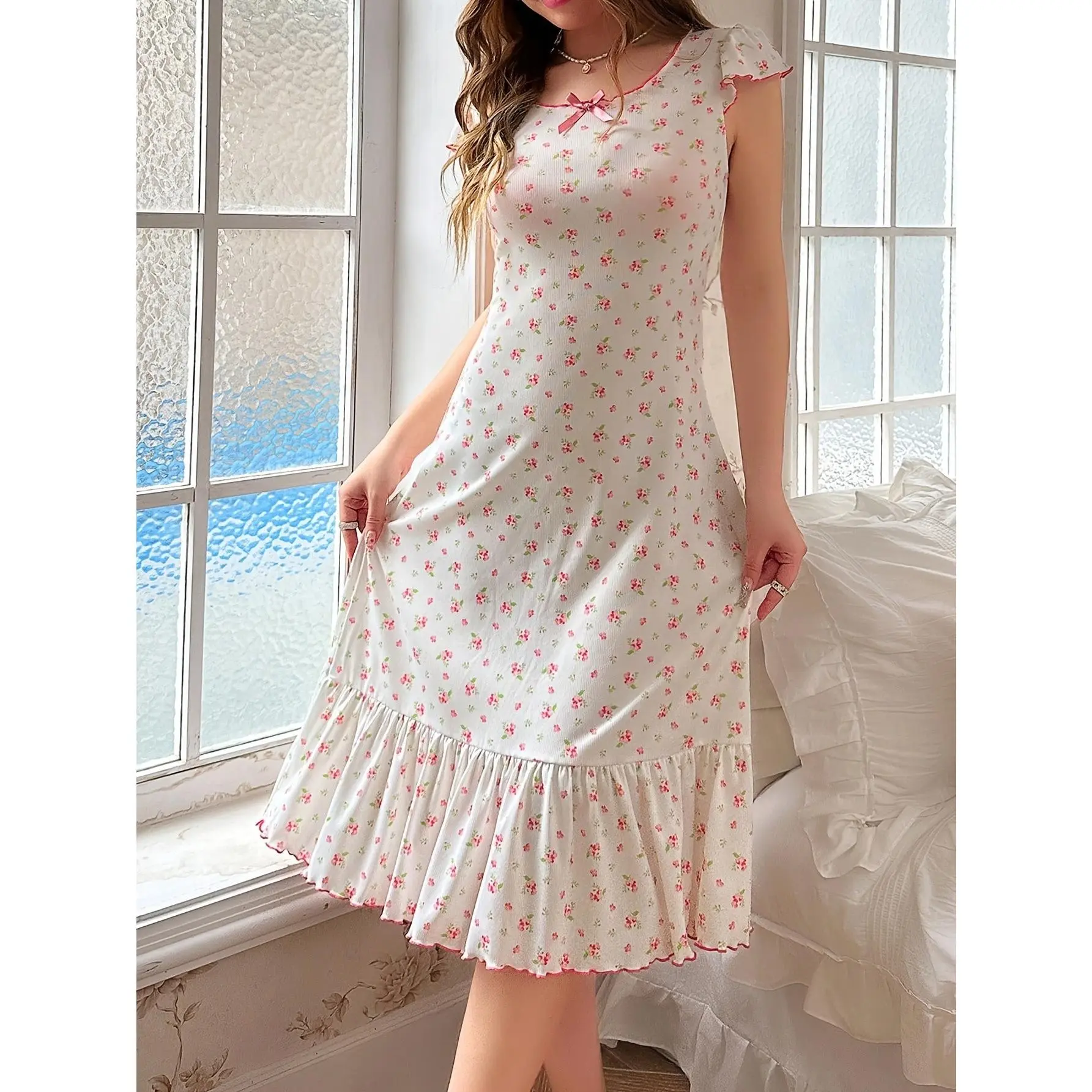 A Charming Floral Nightgown with Short Sleeves, Perfect for Cozy Home Wear. This Cute Cottagecore Sleep Dress Features a Lovely Ruffle Hem, Ensuring Comfort And Breathability. Ideal for Summer And Spring Nights
