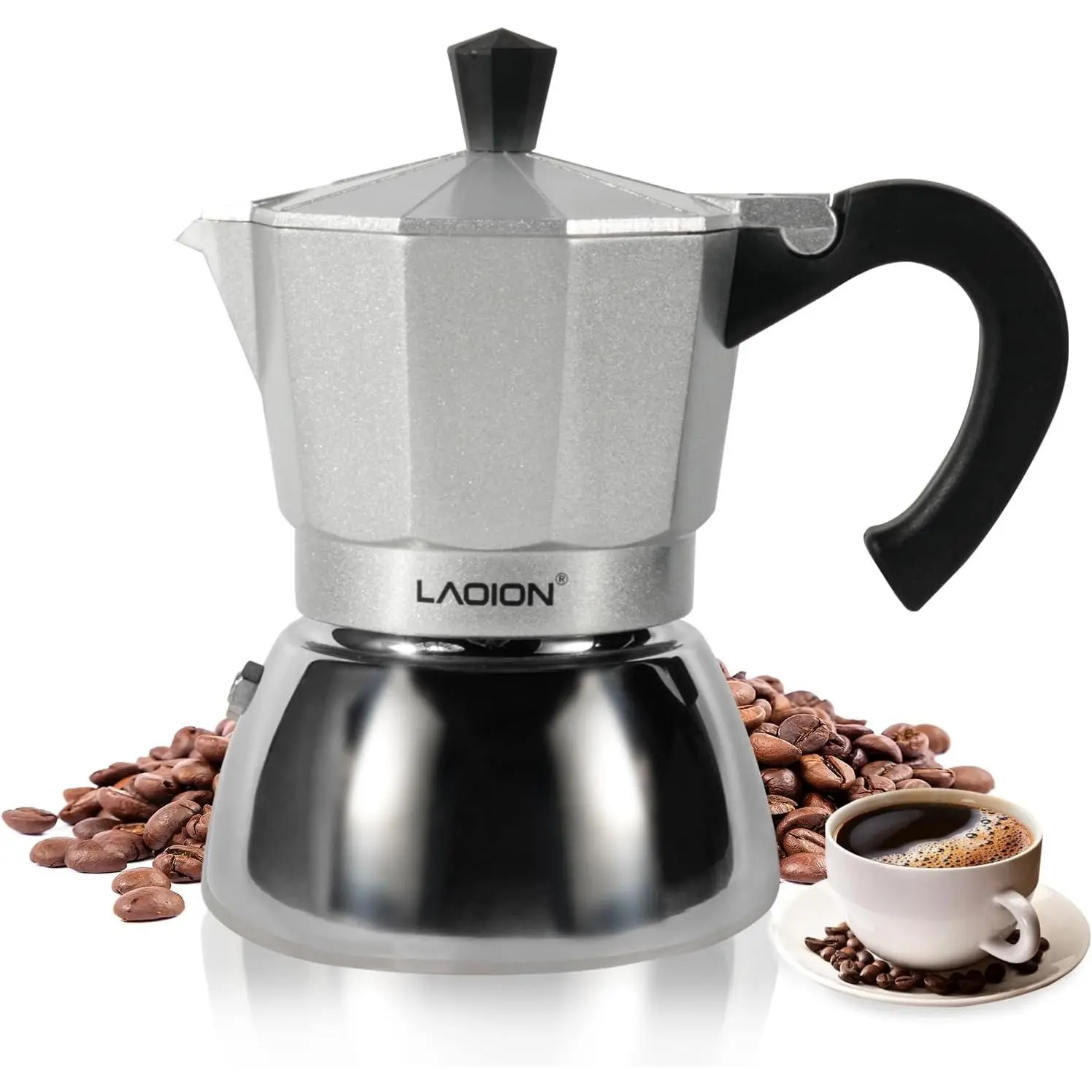 LAOION Stovetop Moka Pot - 3-Cup Induction Safe Espresso Maker, 150ml Aluminum Steel Cafetera Cubana for Espresso Brew, Silver