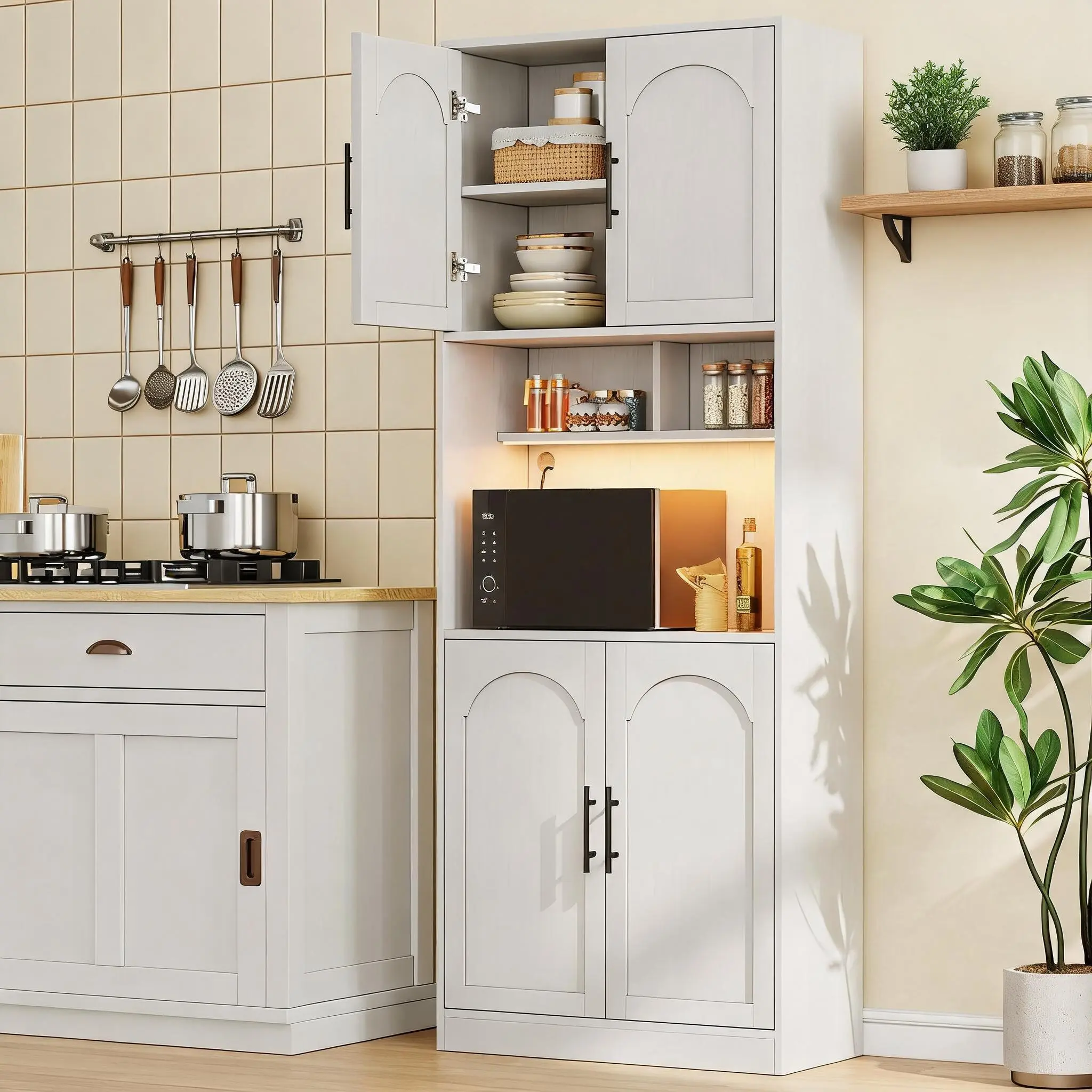 71 Inch Tall Kitchen Pantry Cabinet with Smart LED Lights and Microwave Shelf White Storage Hutch with Arched Doors for Home Coffee Bar