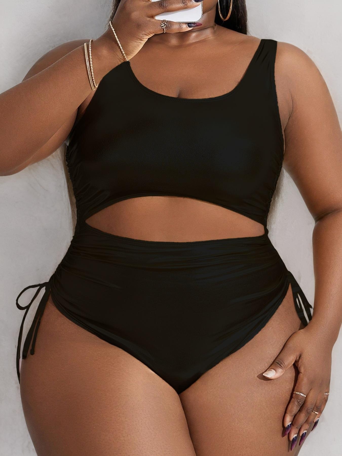 Plus Size Solid Cut Out One-pieces, Casual Sleeveless Backless Swim One-pieces for Beach Holiday Vacation, Women's Swimwear, Cutout Swim Suit, Swimsuit for Beach, Swimsuit Bodysuit
