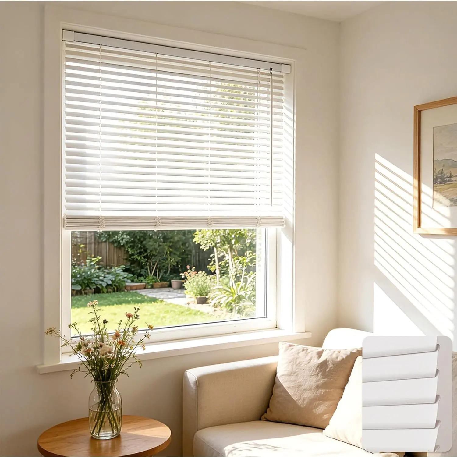 Cordless No-Drill Room Darkening Venetian Mini Blinds, White 38x50", 1" L-Shaped PVC Slats, Enhanced Privacy, Easy Installation, Waterproof, Includes Sponge, Indoor Blinds for Bathroom & Home Use