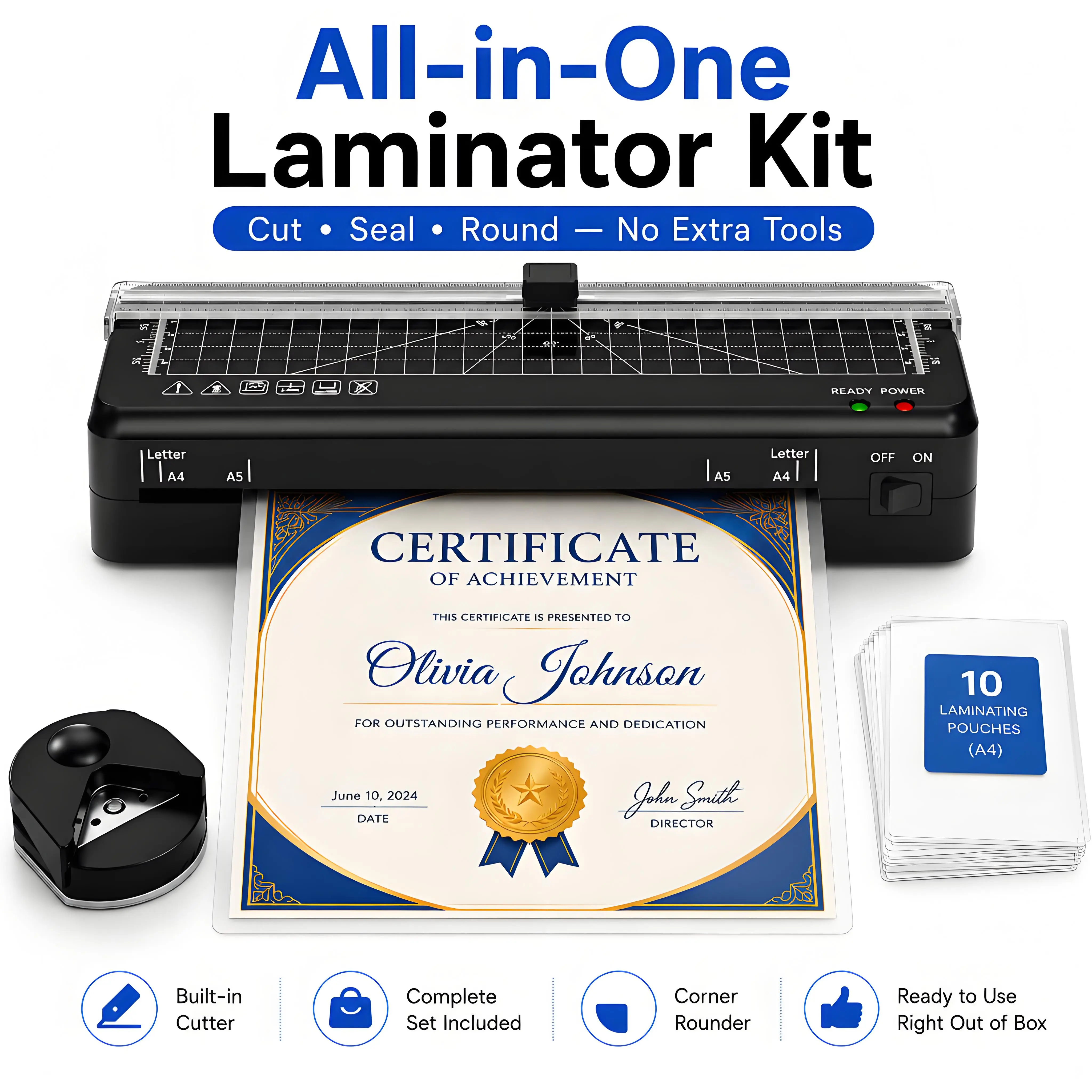 4-in-1 Portable A4 Laminator Machine with Built-in Cutter, 60–90s Warm Up, ABS Jam Release, Corner Rounder and Pouches, Compact Thermal Laminator for Photos, Documents, Cards, Home, Office and School, all in one laminator, laminatorkit
