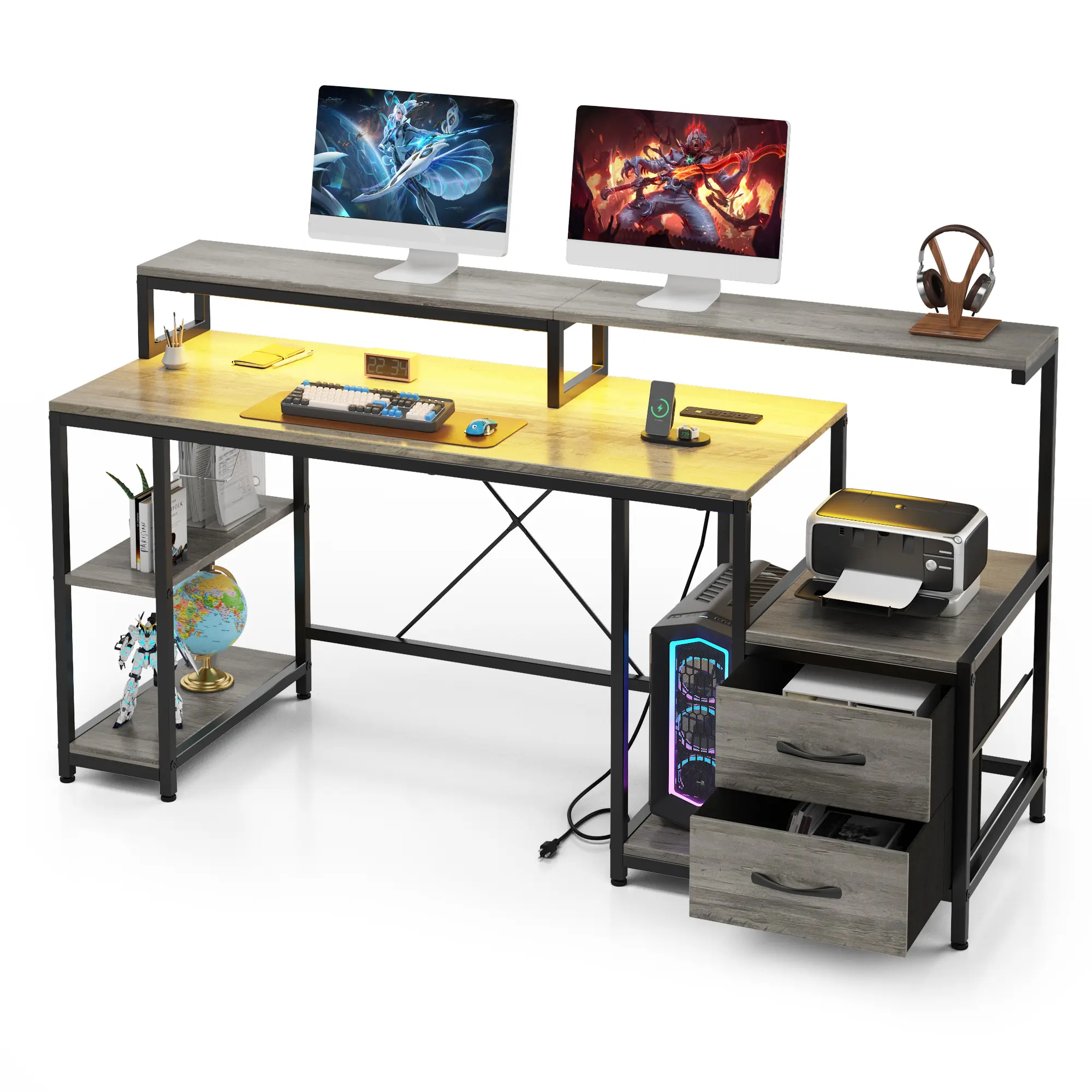 Garvee 63" Home Office Computer Desk with LED Lights & Power Outlets, Dual Monitor Stand, File Drawer, Printer Shelf & Storage Shelves, Large Gaming/Writing Workstation,Rustic Brown