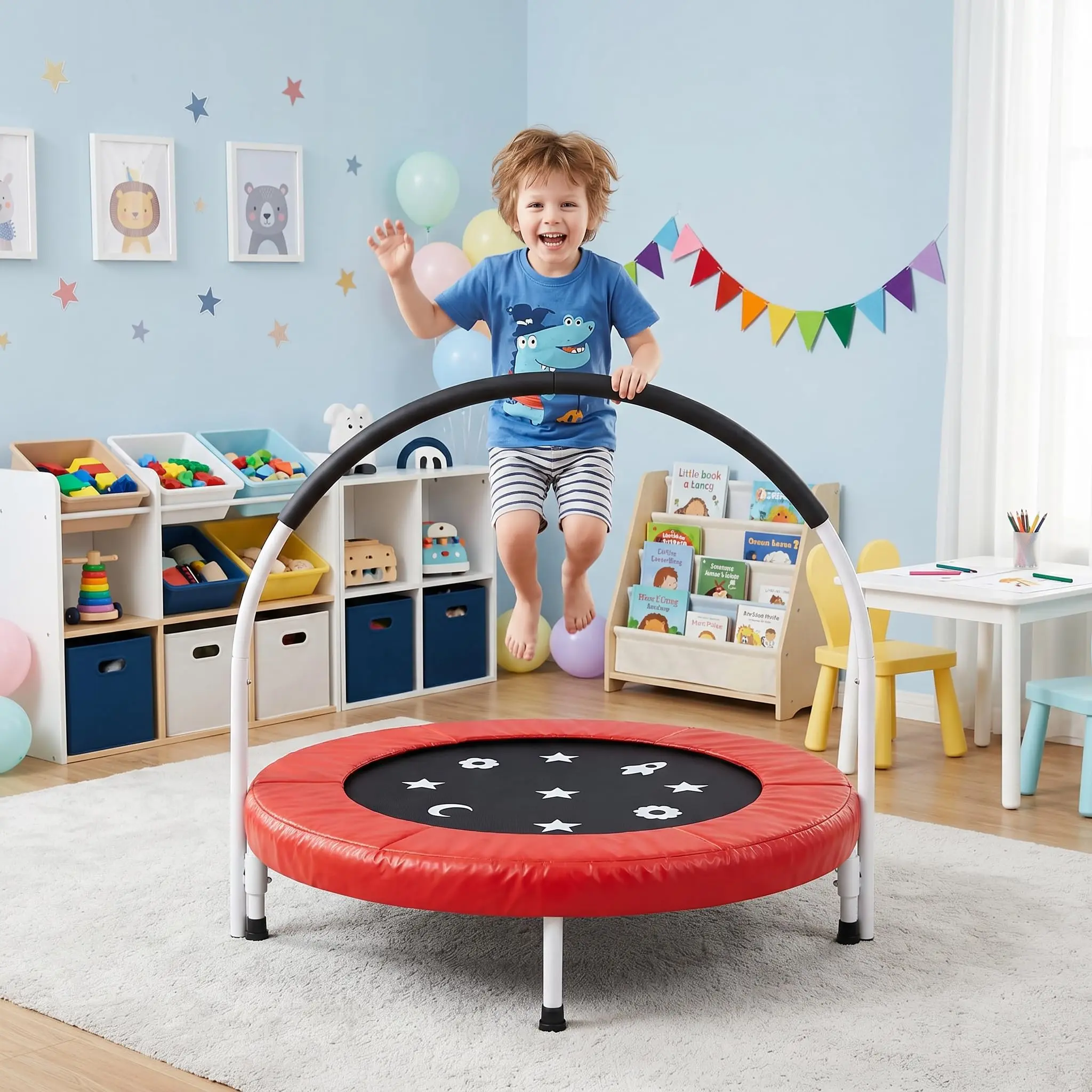 36" Mini Trampoline for Kids Ages 3-6, Indoor Toddler Rebounder with Foam Covered Handle, No-Gap Safety Design, Perfect for Home Playroom Living Room Gift