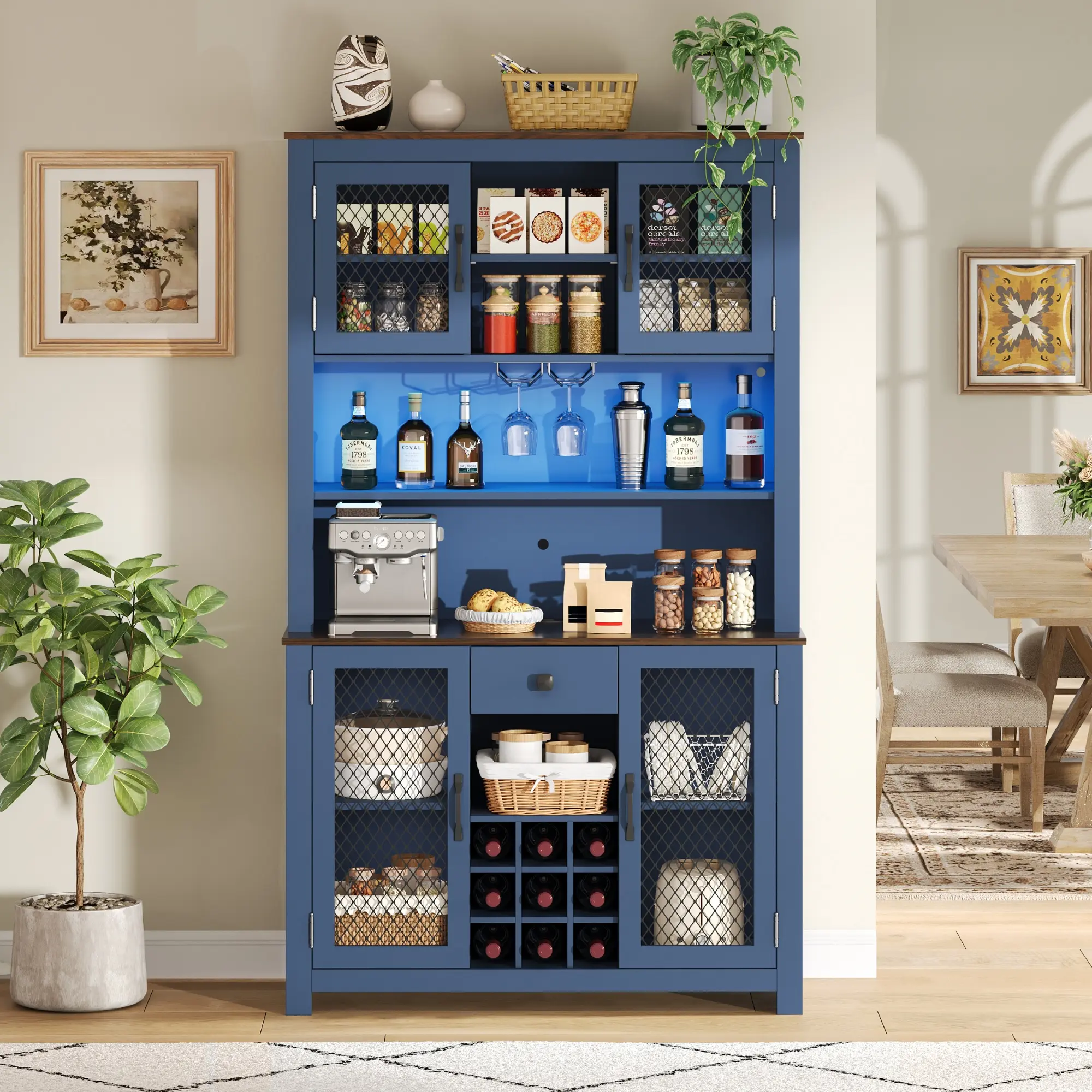 70.9" Rustic Navy Blue Kitchen Pantry Storage Cabinet - Integrated LED Outlets, Doors, Shelves, Wine Rack, Wipe Clean - For Dining/Living Room, Fits Small Appliances/Devices, Home Furniture, 70.9 Inches