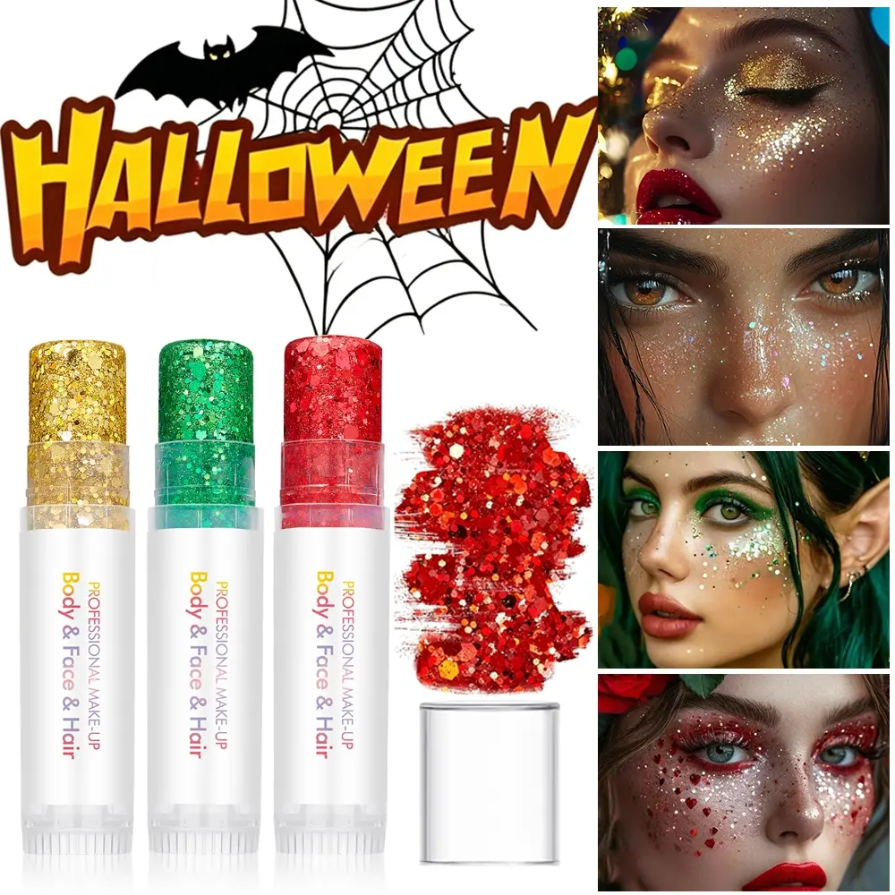 Halloween glitter stick, suitable for both body and face, easy to apply color rendering, party makeup look