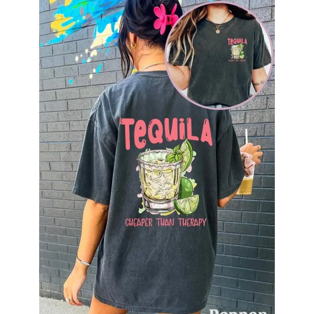 [Sale Up To 65%]  Casual Short-Sleeve Graphic Streetwear Top, Funny Tequila Drinking Tee Gift For Tequila Lovers, Cheaper Than Therapy Summer Sports Top