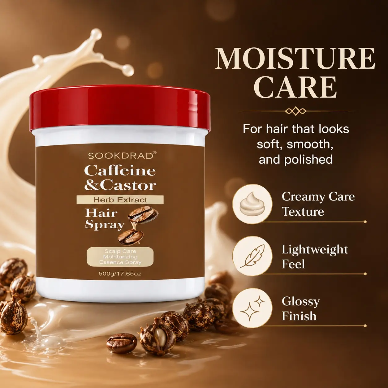 Caffeine & Castor Hair Spray, Herb Extract, Scalp Care, Moisturizing Essence, Daily Hair Care For All Hair Types, 500g/17.65oz