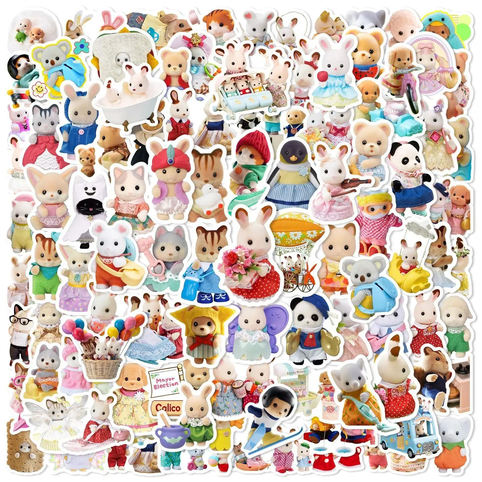 100pcs Cute Cartoon Small Calico Critters Stickers DIY Stickers Scrapbooking Phone Luggage Skateboard Waterproof Decals