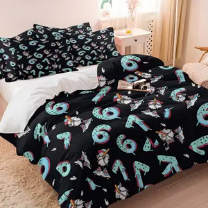Cool Street Style Number 67 Graffiti Duvet Cover Set-1 Duvet & 1-2 Coreless Pillowcases-Black Base with Graffiti 67 and Cartoon Baseball Man-Soft and Comfortable Bedding Streetwear Culture Bedroom Decor