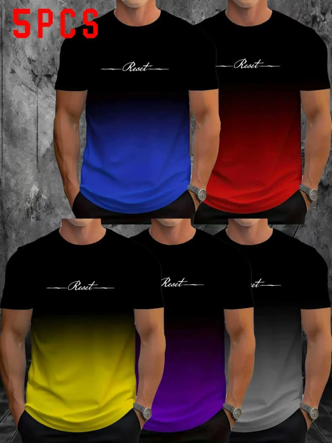 5-Pack Men's Gradient Reset Handwritten Letter Print Short Sleeve T-Shirt, Casual Streetwear Slim-Fit, All Seasons, Perfect Gift, Menswear