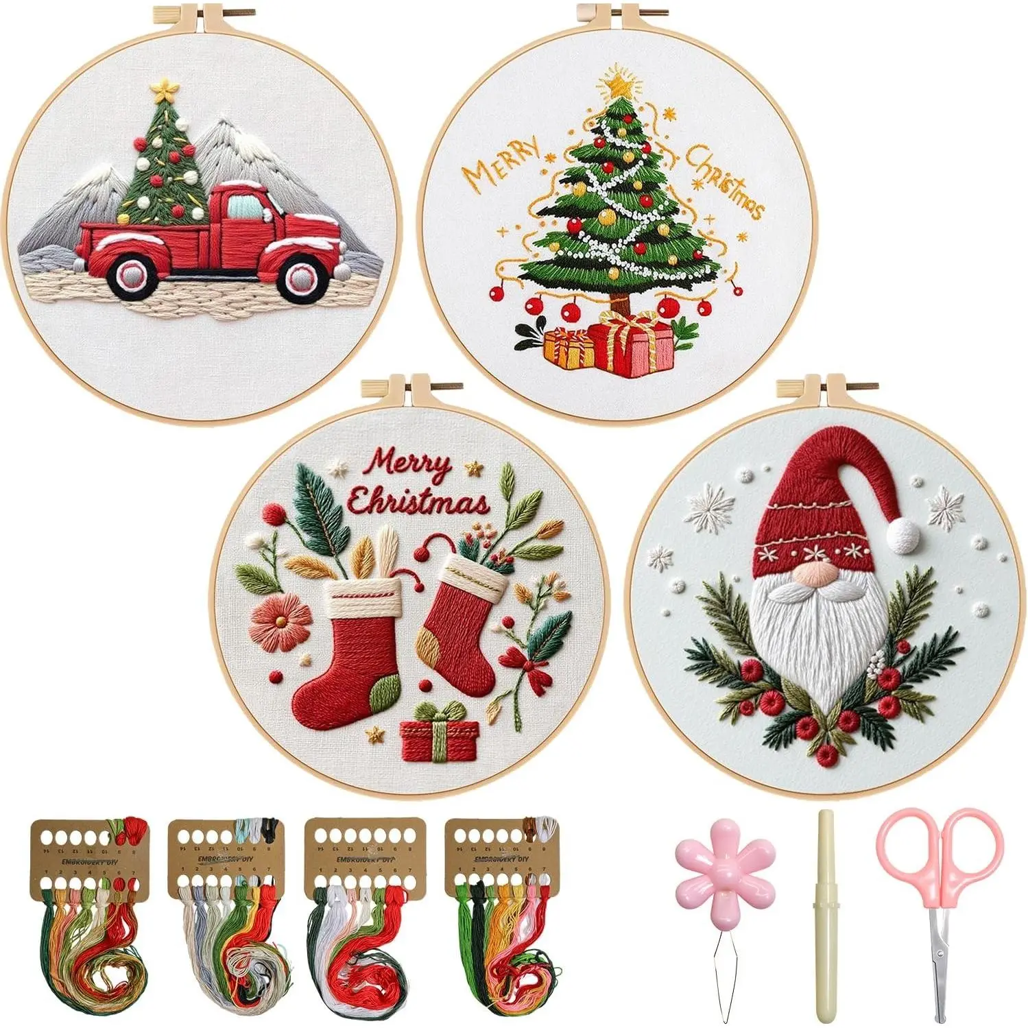 Christmas Embroidery Kit, 4 Pack Cross Stitch Kits for Adults & Beginners, DIY Needlepoint Kit with Embroidery Hoop Thread Needle, Craft Lover Birthday GiftsGift
