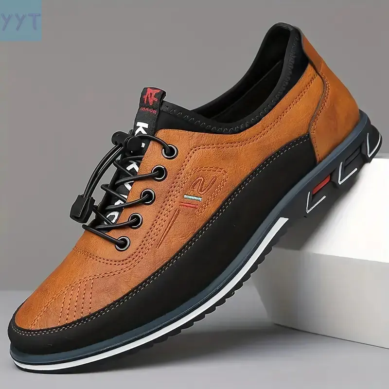 YYT1 Men's Casual Leather Footwear, Autumn Trendy Korean Minimalist Round Toe Trainers - Adjustable Lace-Up, Breathable Low-Top, Soft-Soled, Brown/Black Versatile Shoes for 20-60 Years Old (Multiple Occasions), Sneaker