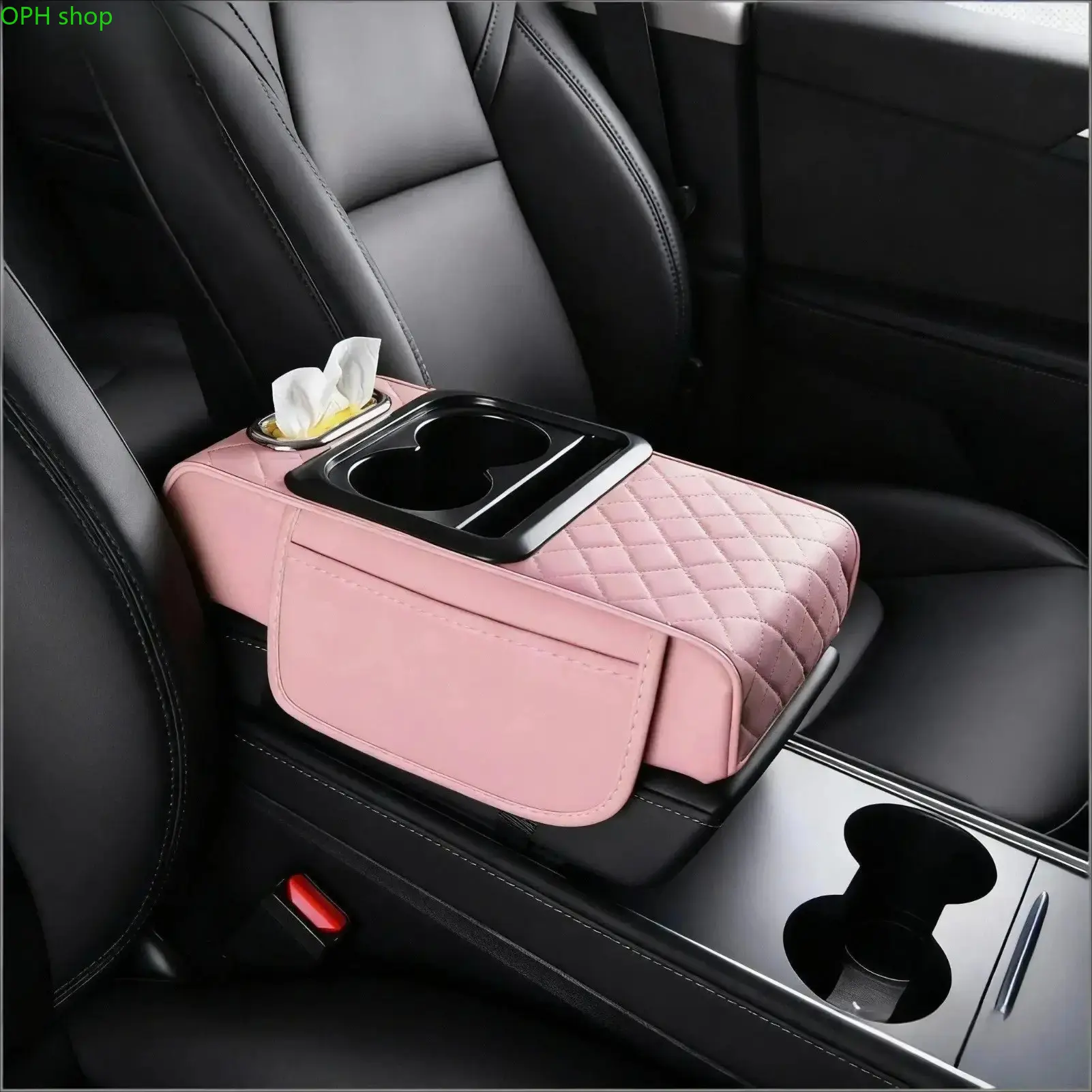 4-in-1 Pink Memory Foam Leather Car Armrest Cushion - Center Console Cover with Tissue Cup, Phone Holder, Storage Organizer for Cars to Enhance Storage Capacity