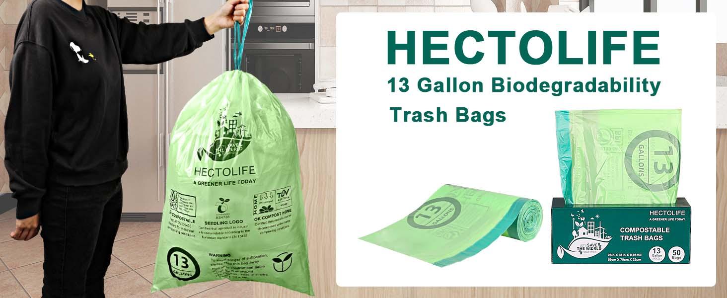 13 Gallon,100 Count, Compostable Trash Bags with Drawstring,Tear Resistant Kitchen Food Scrap Waste Bag, ASTM D6400, US BPI and Europe OK Compost Home Certified