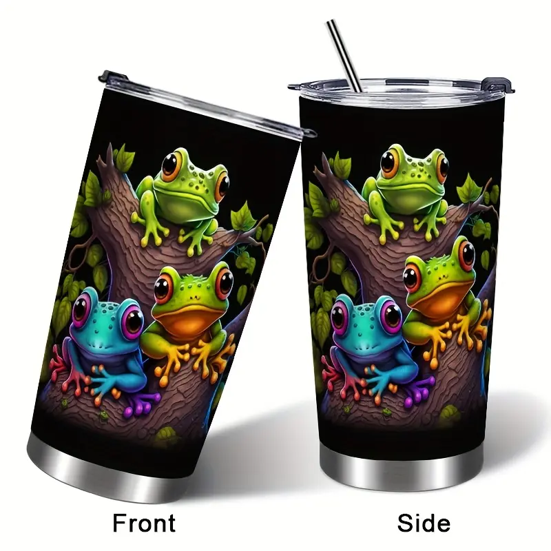 20oz Leak-Proof Insulated Stainless Steel Tumbler with Tree Frog Print, Lid & Straw Brush, Reusable Travel Cup, Birthday Gift Ideas for Girlfriends (Kitchenware Drinkware Vacuum Flask), Flasks, Insulated Tumbler