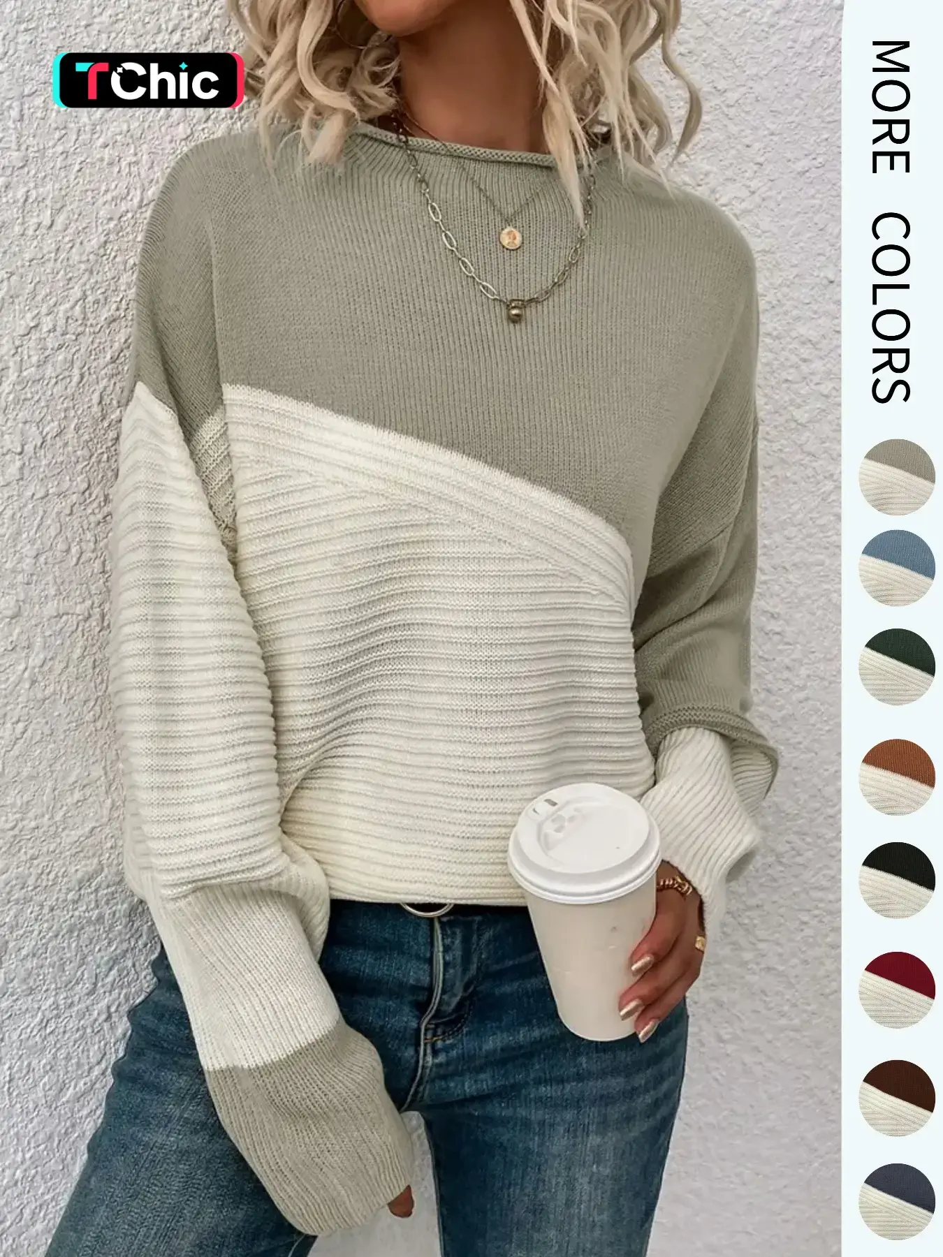 Women's Colorblock Drop Shoulder Baggy Loose Knit Sweater Piece, Casual Long Sleeve Round Neck Jumper, Ladies' Knitwear for Everyday Wear, Sweaters for Women, Womenswear