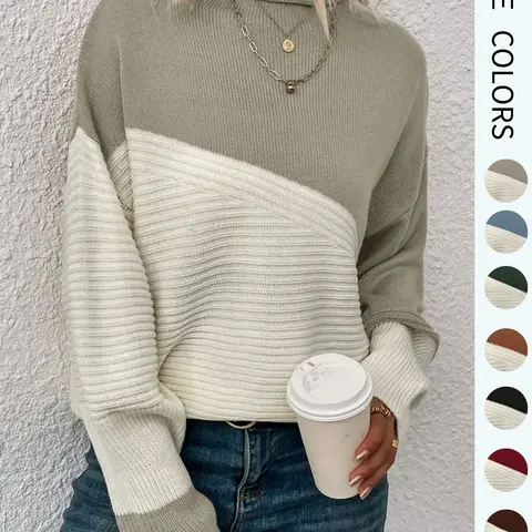 【Black Friday】Women's Colorblock Drop Shoulder Baggy Sweater, Casual Long Sleeve Round Neck Jumper, Ladies Knitwear for Everyday Wear, Loose-Fit Sweater for Women, Womenswear