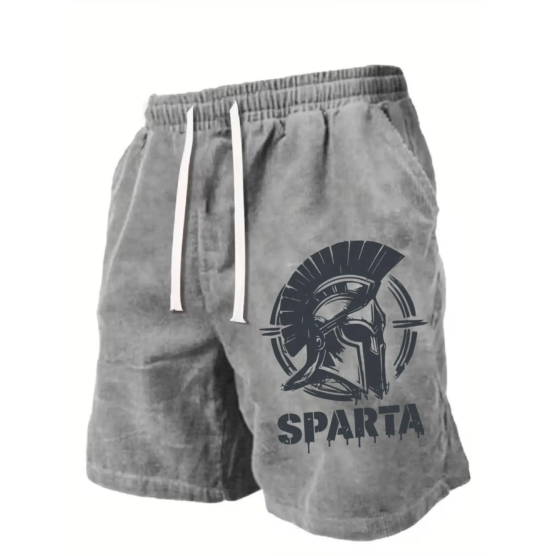 Men's Vintage Spartan Graphic Shorts, Soft Washed Cotton Casual Wear with Adjustable Waist, Retro All Seasons Athletic Fit, XL, Clothes, Sporty Chic, Indoors, 100% Cotton