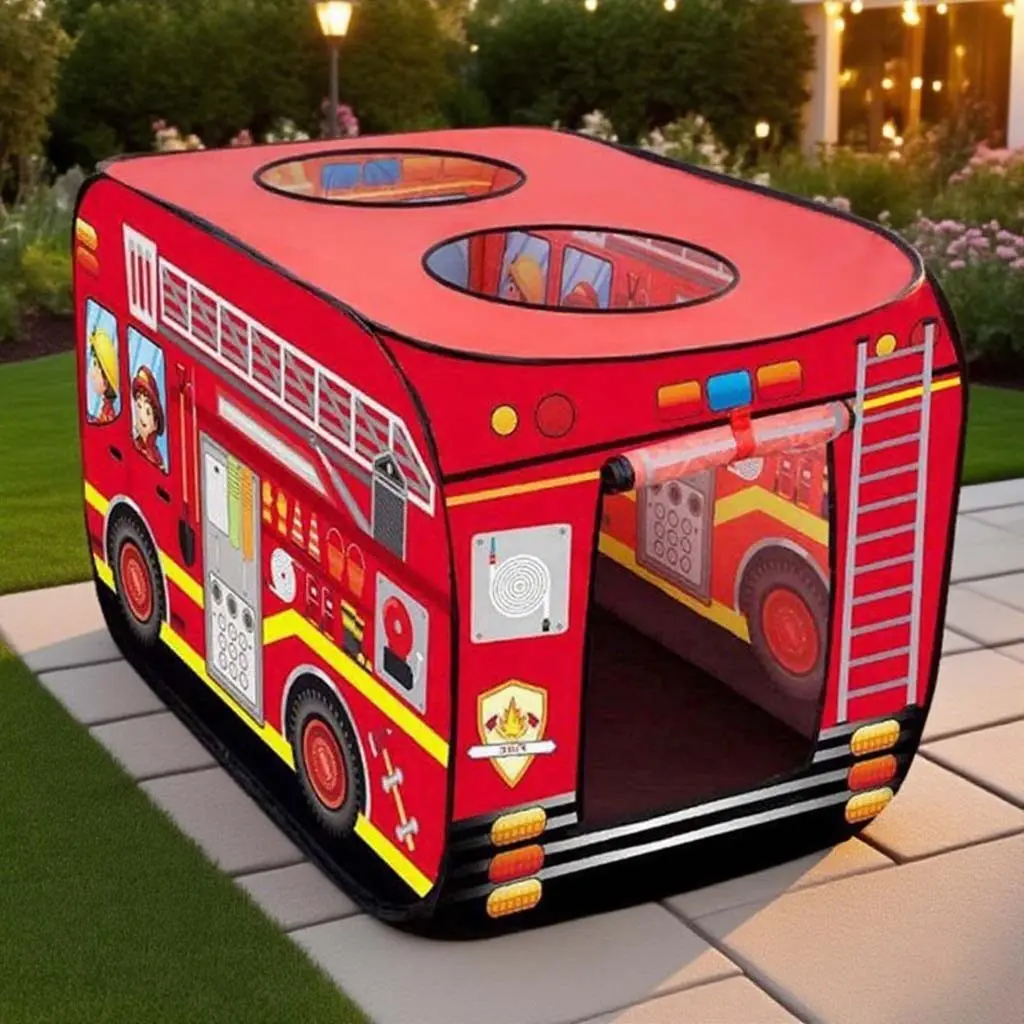 Firefighter Theme Car Tent, Cartoon Fireman Pattern, Indoor Outdoor Playhouse, Foldable Portable, Safe Breathable, Unisex Baby Toy Tent
