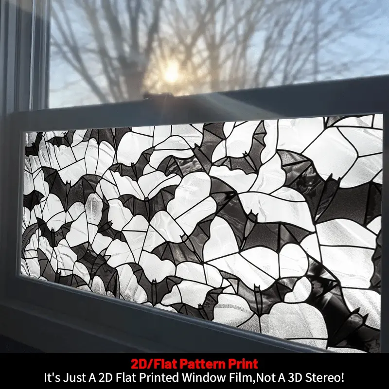 1pc, Window Decals for Glass Windows, Halloween Decorative Window Film, 2D Flat Black and White Bat Pattern Glass Window Sticker, Glass Door and Window Decorative Sticker, PVC Electrostatic Adsorption Decorative Window Film