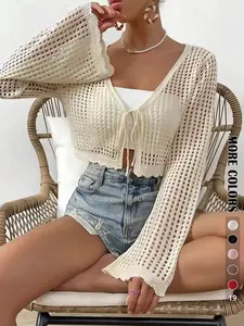 Women's Plain Hollow Out Tie Front Crop Cardigan, Casual Flounce Sleeve V Neck Cover-Up Knitwear for Spring, Summer & Fall, Women's Knit Clothing Tops for Daily Wear