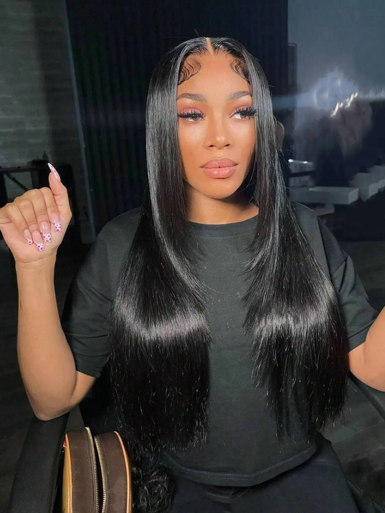 Straight Layered Design 13x4 Lace Front Wig Synthetic Hair Pre Plucked 26 Inch Straight 200% Density Natural Black Widow's Peak Lace Frontal Wigs for Women Daily Use Summerwins