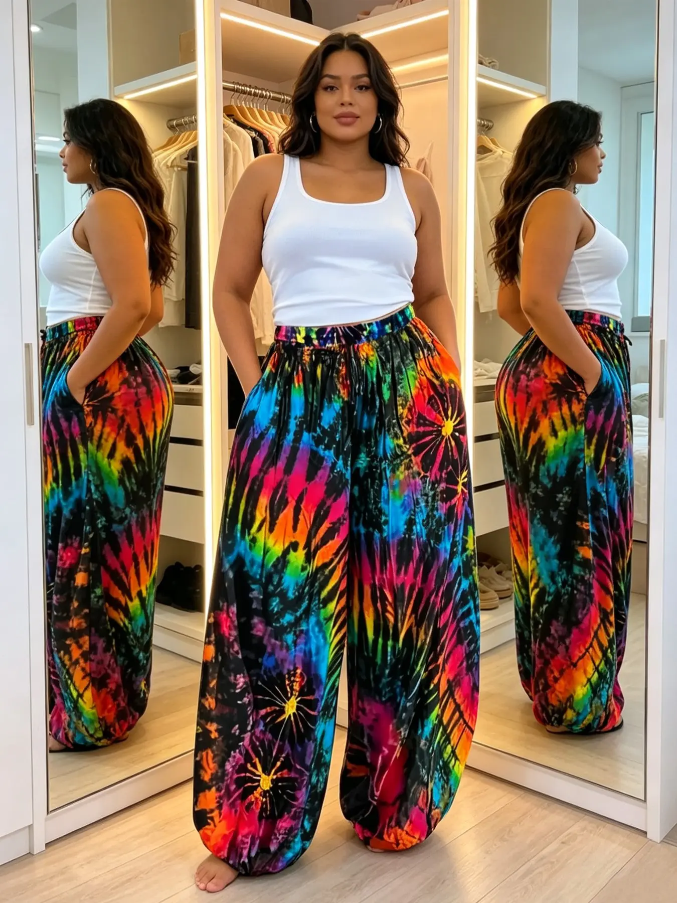 Plus Size Women's Tie-Dye Print Pants, Casual Chic Bohemian Long Summer Trousers, Comfortable Moderate Knit Fabric, Stylish & Versatile Boho Design