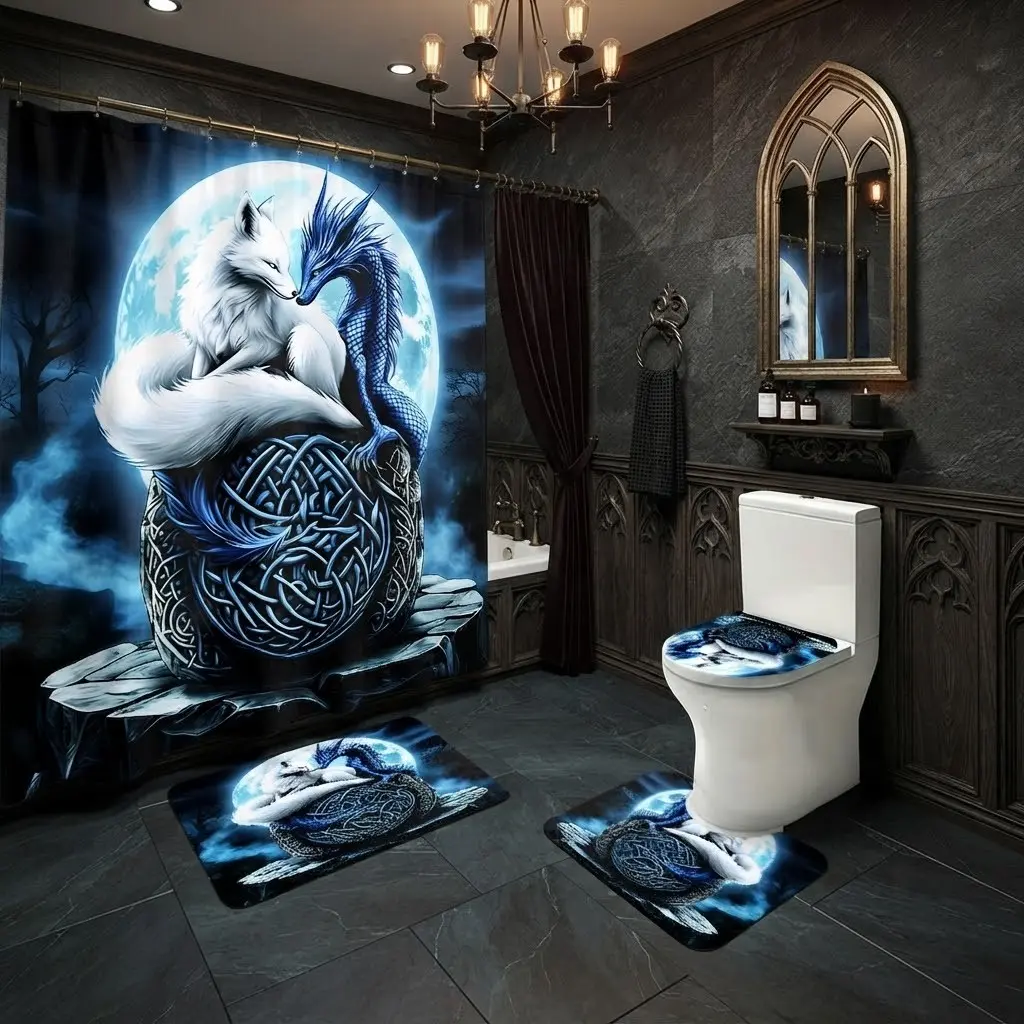 4pcs Dark Gothic Full Moon Shower Curtain Set, Fox Blue Dragon Celtic Knot, Mystical Fantasy Bath Mat & Toilet Lid Cover,The floor mat fabric is thicker and softer!  Halloween Decor