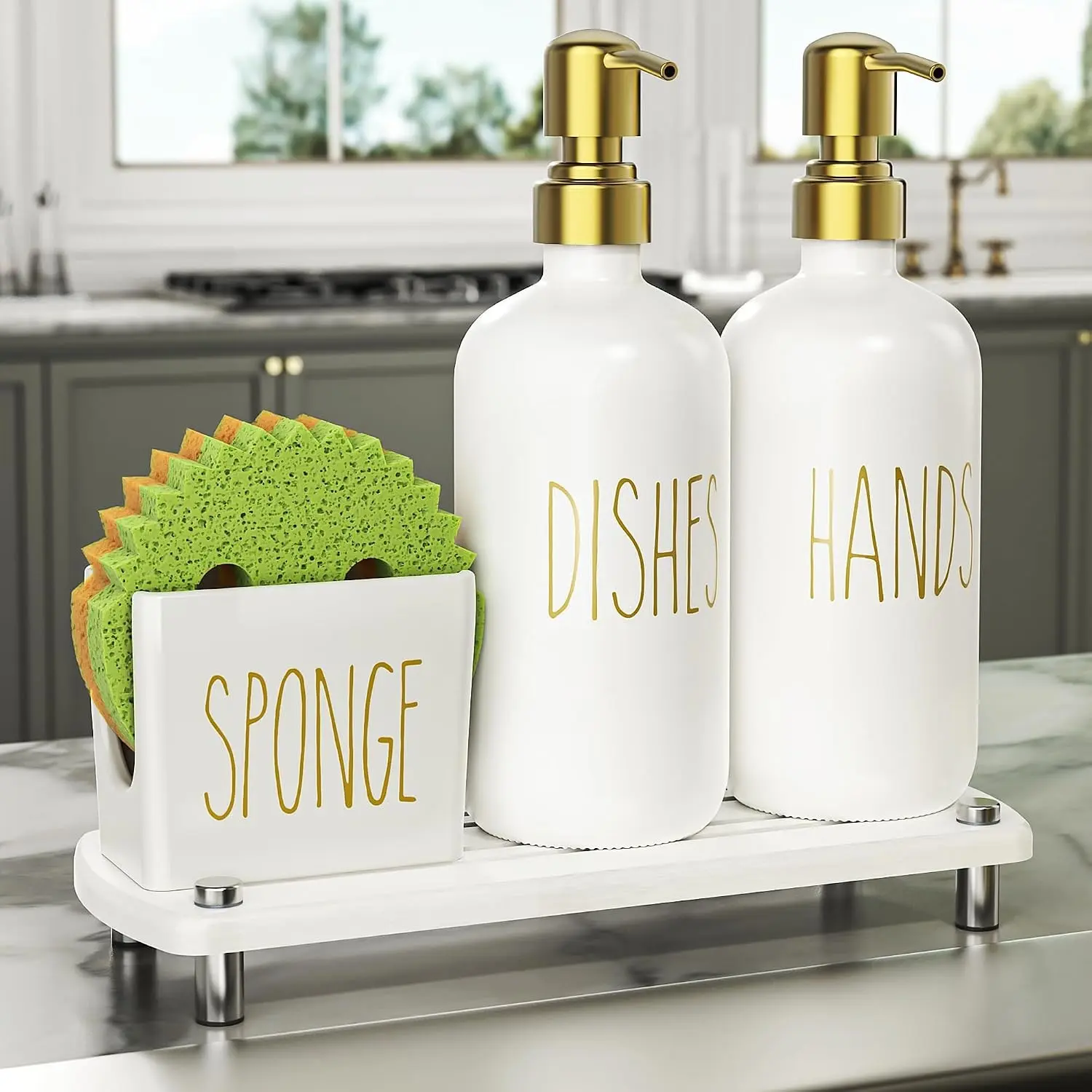 Minimalist Kitchen Soap Dispenser Set with Glass Bottle, Ceramic Sponge Holder, Gold Pumps, Instant Dry Tray, Brush, Pad - Countertop Organizer Decor Accessories for Hand and Dish Soap, Farmhouse